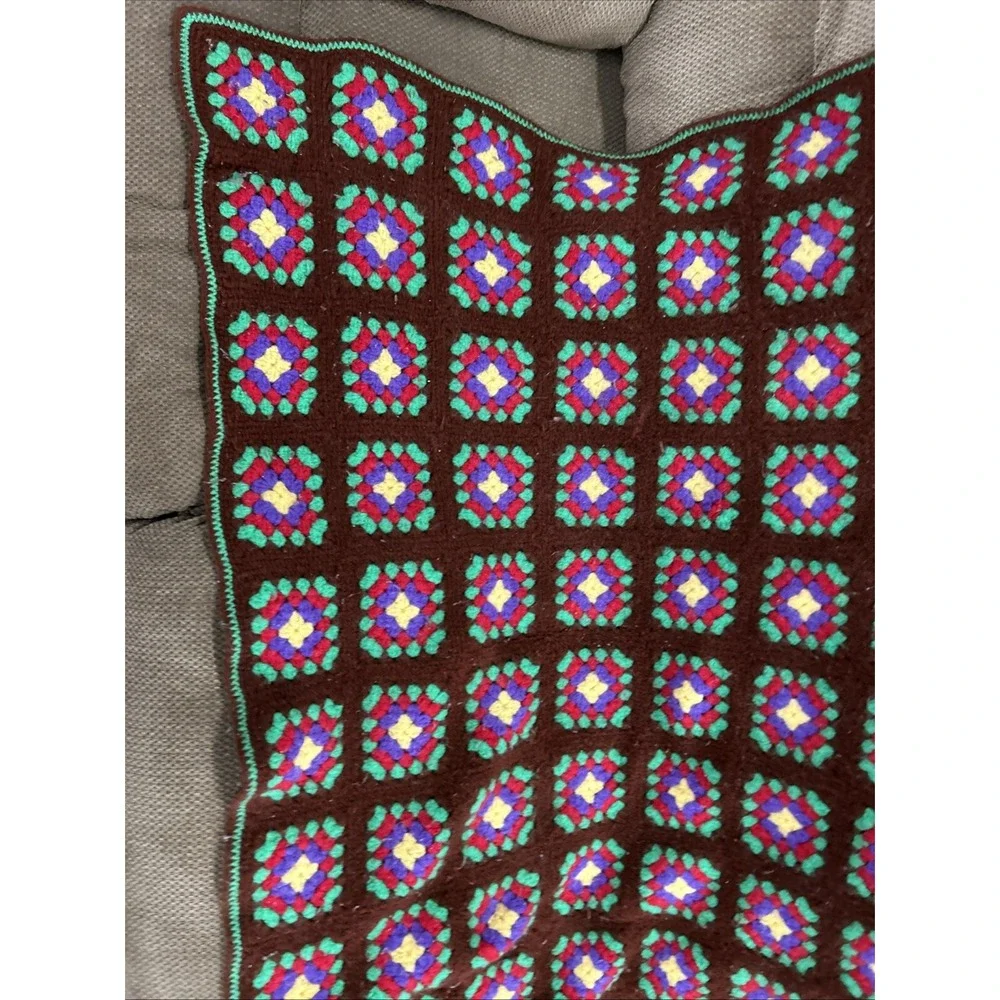 Vtg 70s Brown Multicolor Flower Square Afghan Blanket Granny Crochet Throw 48x60